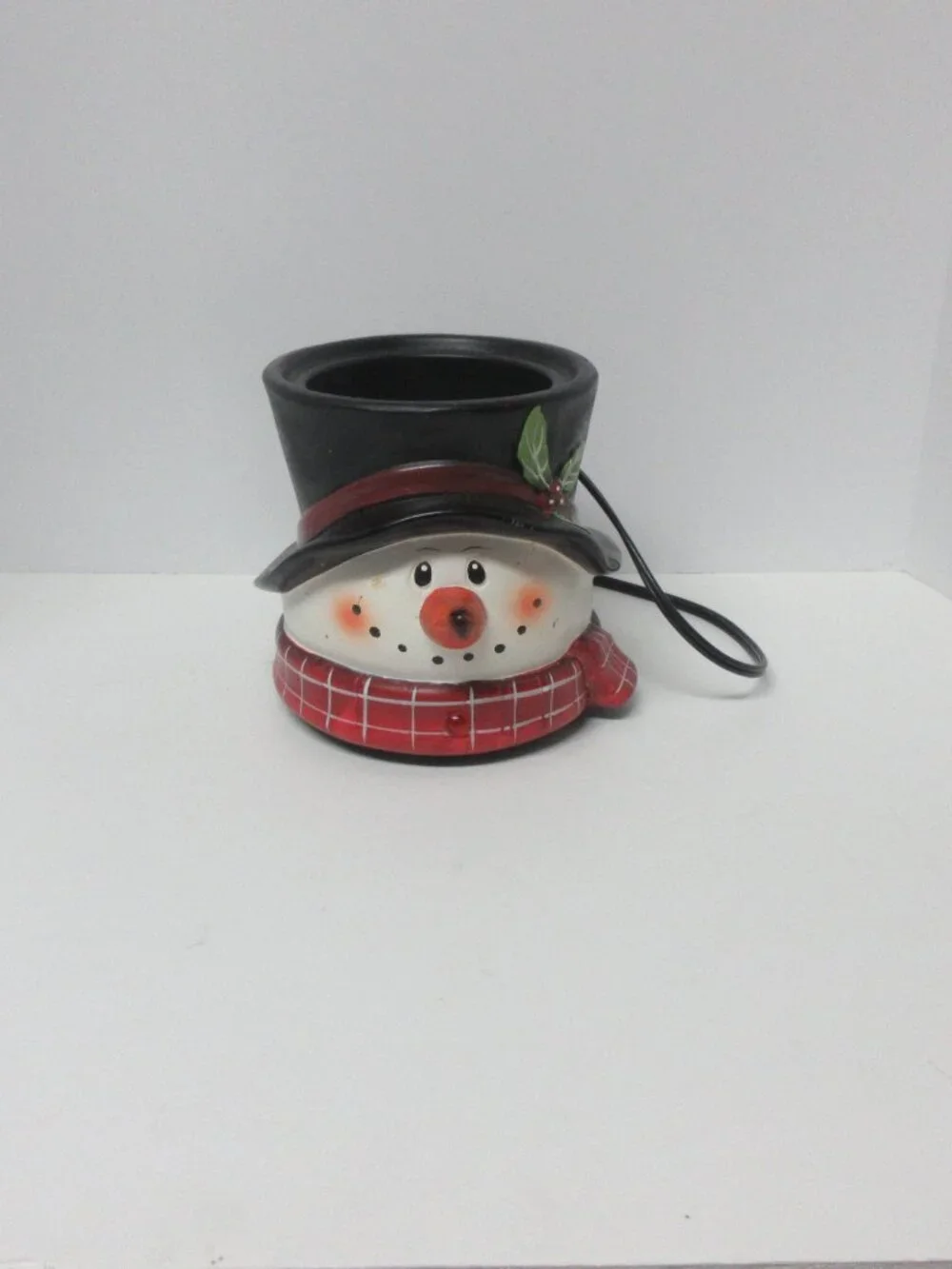 Snowman Electric Jar Candle Warmer Ceramic Christmas Top Hat Holly 4” Opening